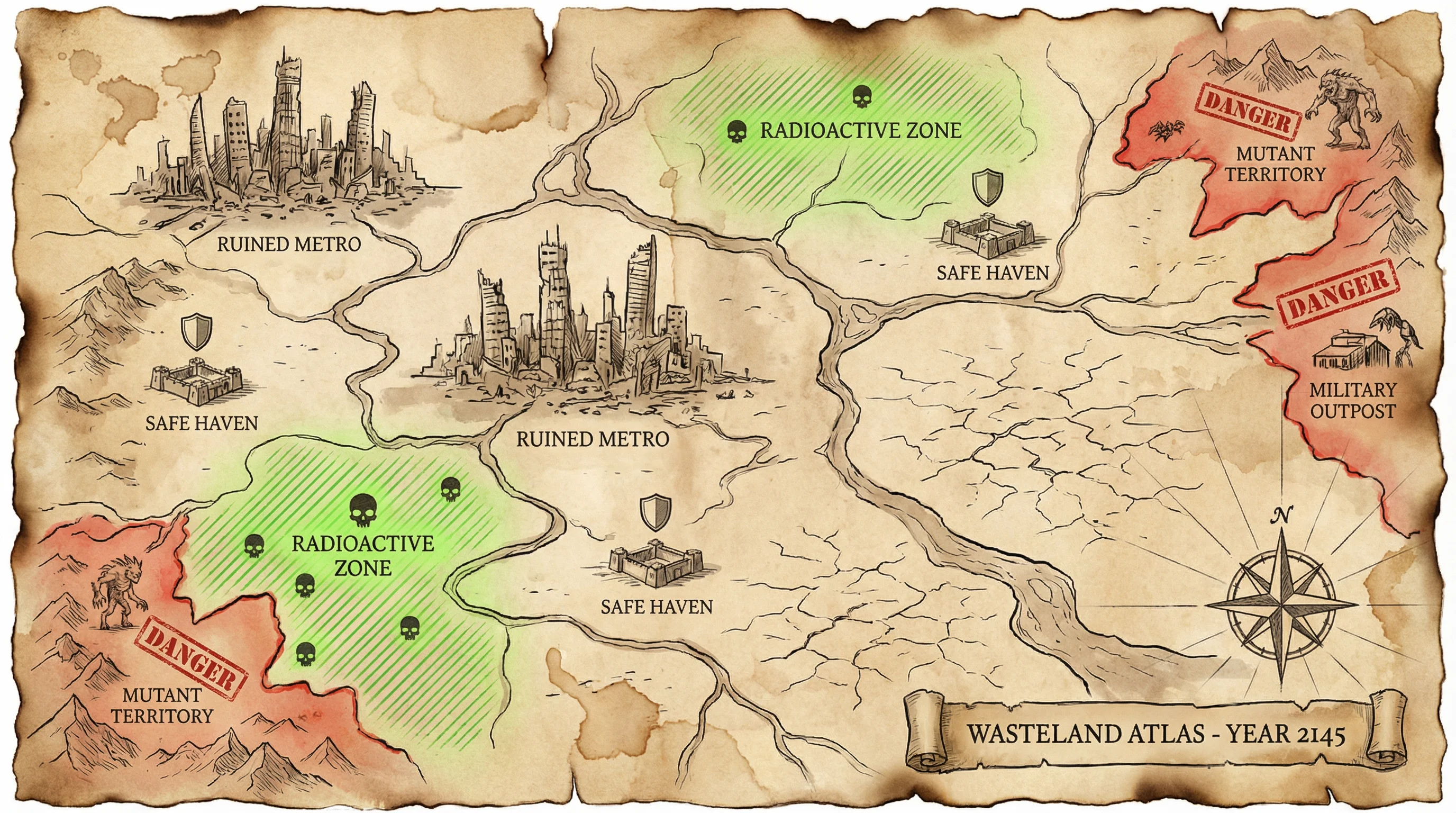 废土世界地图导览，标注了 pg电子游戏 探索区域、安全屋和危险区
